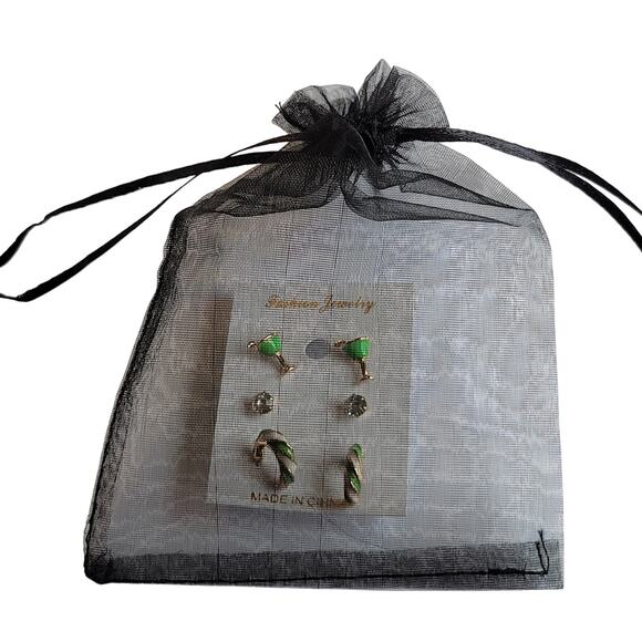 Green Cocktail Drink Stud Earrings Set Crystal Swirl Hoops 3 Pair, Free Gift Bag - Picture 5 of 6